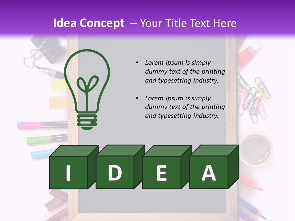 A Blackboard Surrounded By School Supplies On A Purple And White Background PowerPoint Template