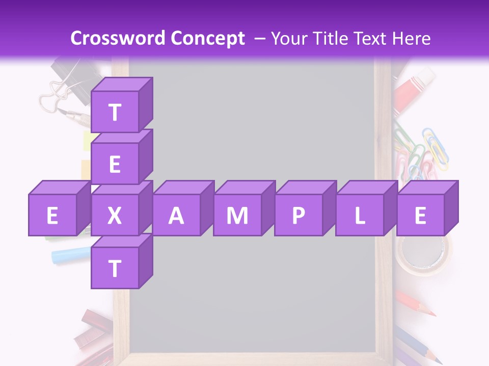A Blackboard Surrounded By School Supplies On A Purple And White Background PowerPoint Template