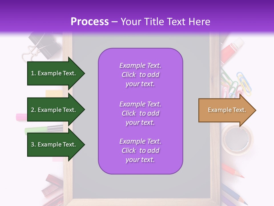 A Blackboard Surrounded By School Supplies On A Purple And White Background PowerPoint Template