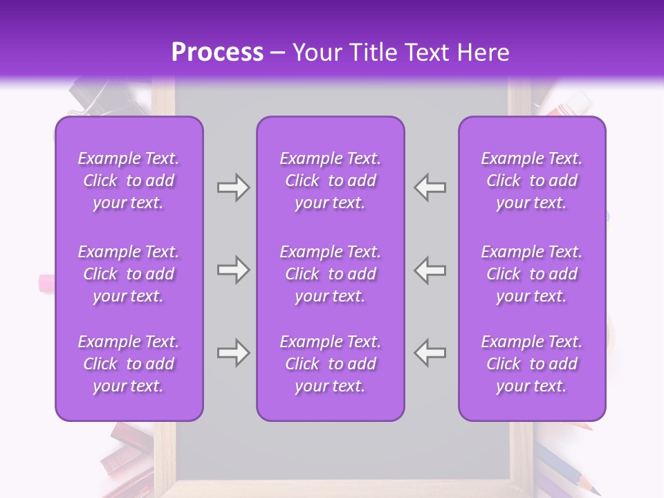 A Blackboard Surrounded By School Supplies On A Purple And White Background PowerPoint Template