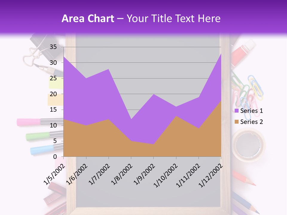 A Blackboard Surrounded By School Supplies On A Purple And White Background PowerPoint Template