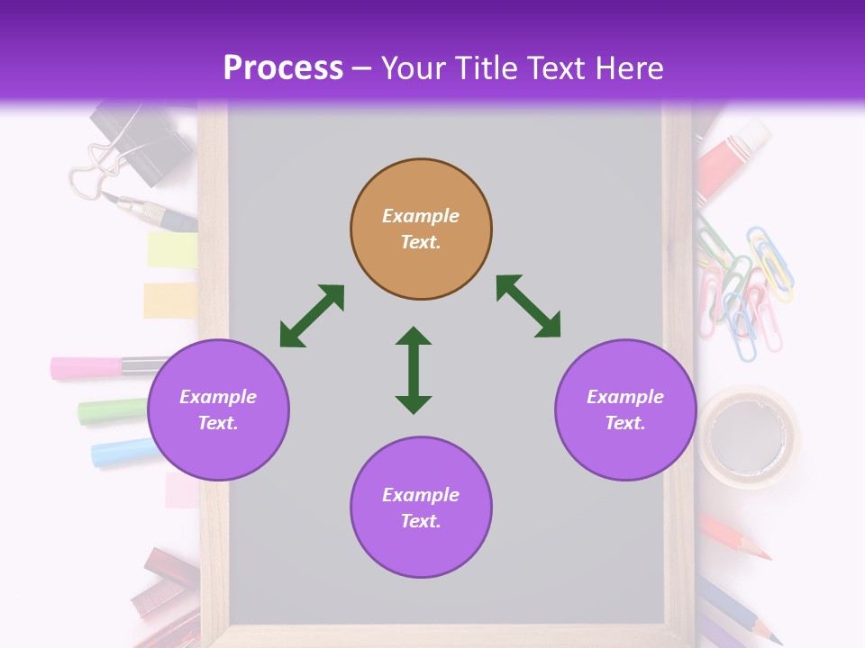 A Blackboard Surrounded By School Supplies On A Purple And White Background PowerPoint Template