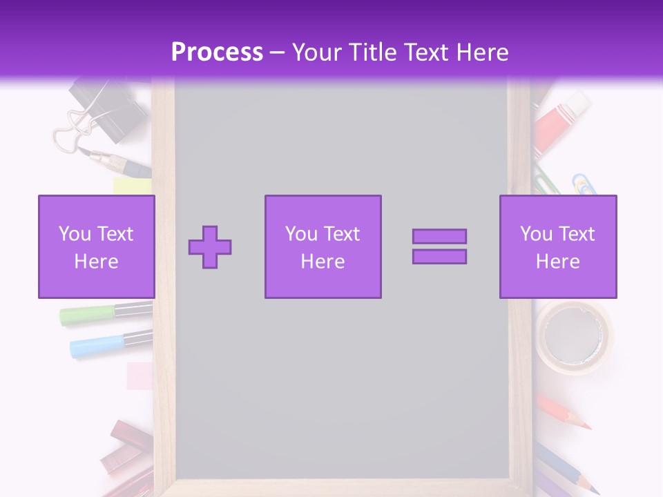 A Blackboard Surrounded By School Supplies On A Purple And White Background PowerPoint Template