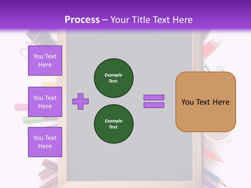A Blackboard Surrounded By School Supplies On A Purple And White Background PowerPoint Template