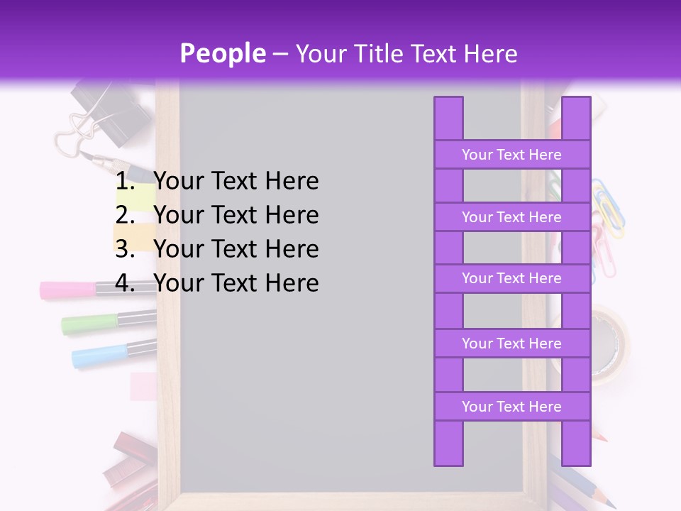 A Blackboard Surrounded By School Supplies On A Purple And White Background PowerPoint Template