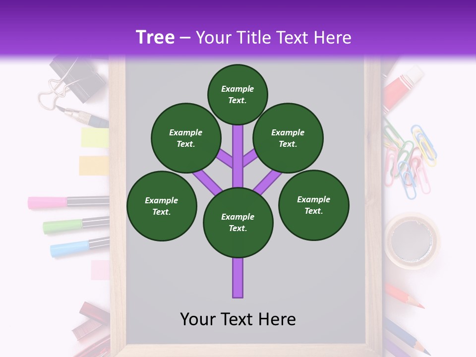 A Blackboard Surrounded By School Supplies On A Purple And White Background PowerPoint Template