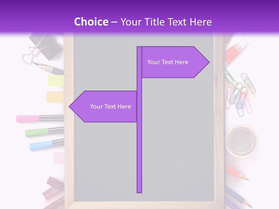A Blackboard Surrounded By School Supplies On A Purple And White Background PowerPoint Template