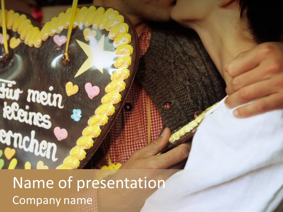 People In Love Are Kissing Near A Chocolate Heart PowerPoint Template