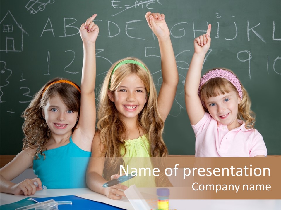 Smart Group Of Student Kids At School Classroom Raising Hand PowerPoint Template