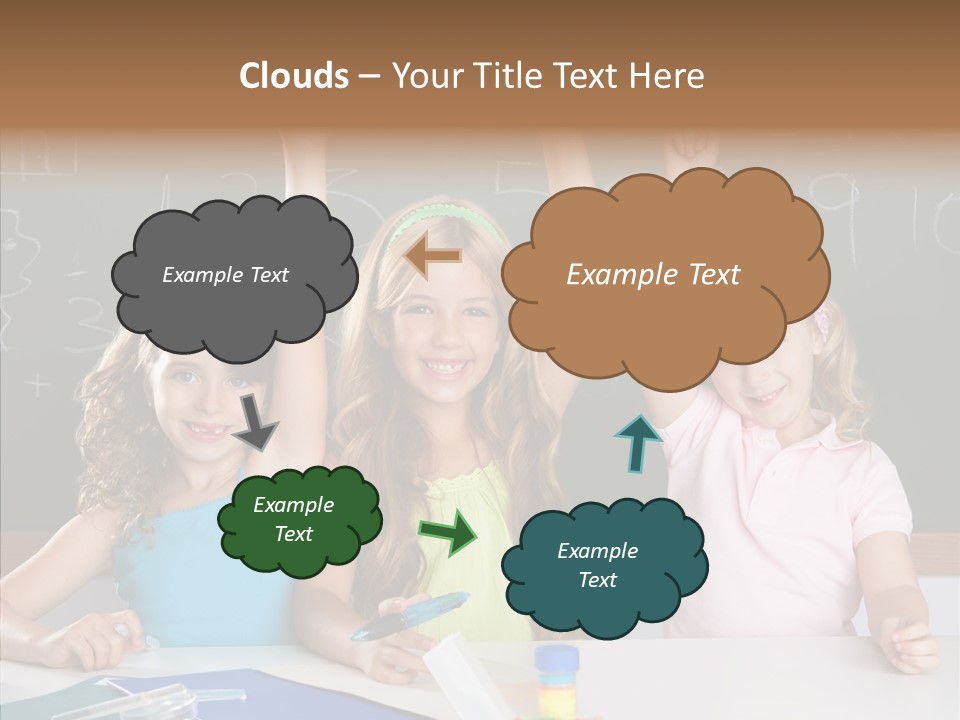 Smart Group Of Student Kids At School Classroom Raising Hand PowerPoint Template