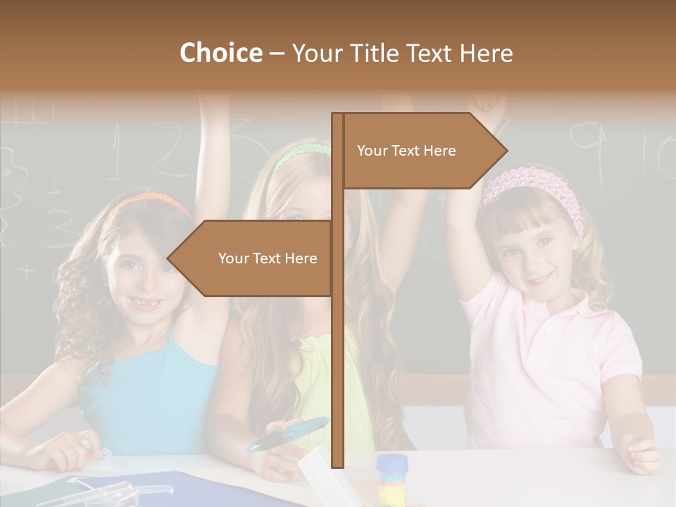 Smart Group Of Student Kids At School Classroom Raising Hand PowerPoint Template