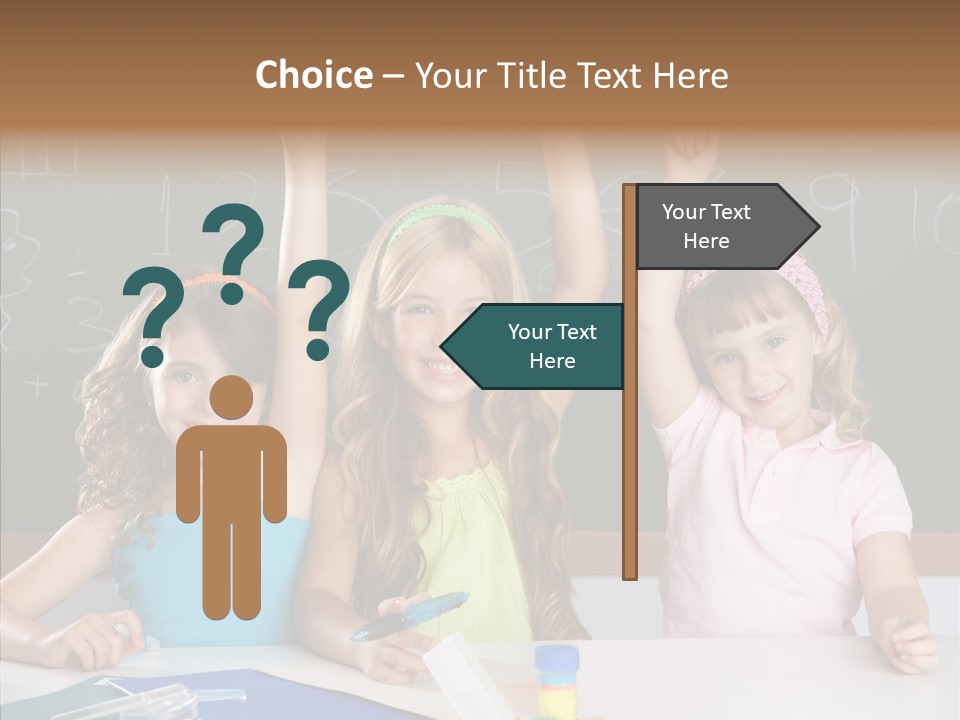 Smart Group Of Student Kids At School Classroom Raising Hand PowerPoint Template