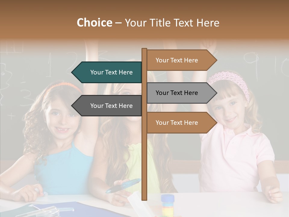 Smart Group Of Student Kids At School Classroom Raising Hand PowerPoint Template