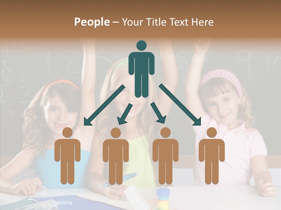 Smart Group Of Student Kids At School Classroom Raising Hand PowerPoint Template