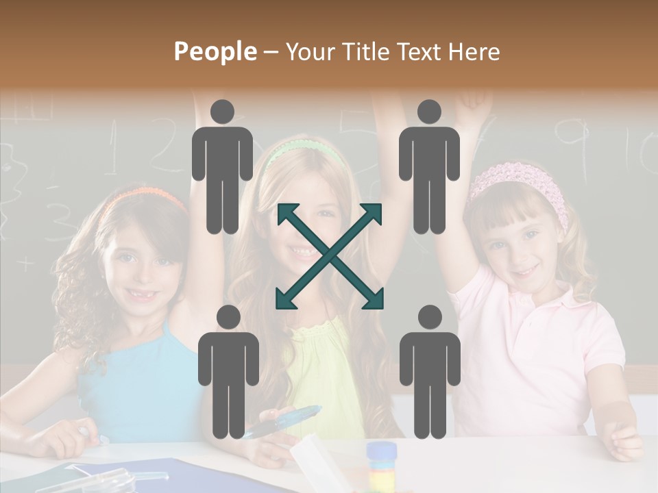 Smart Group Of Student Kids At School Classroom Raising Hand PowerPoint Template