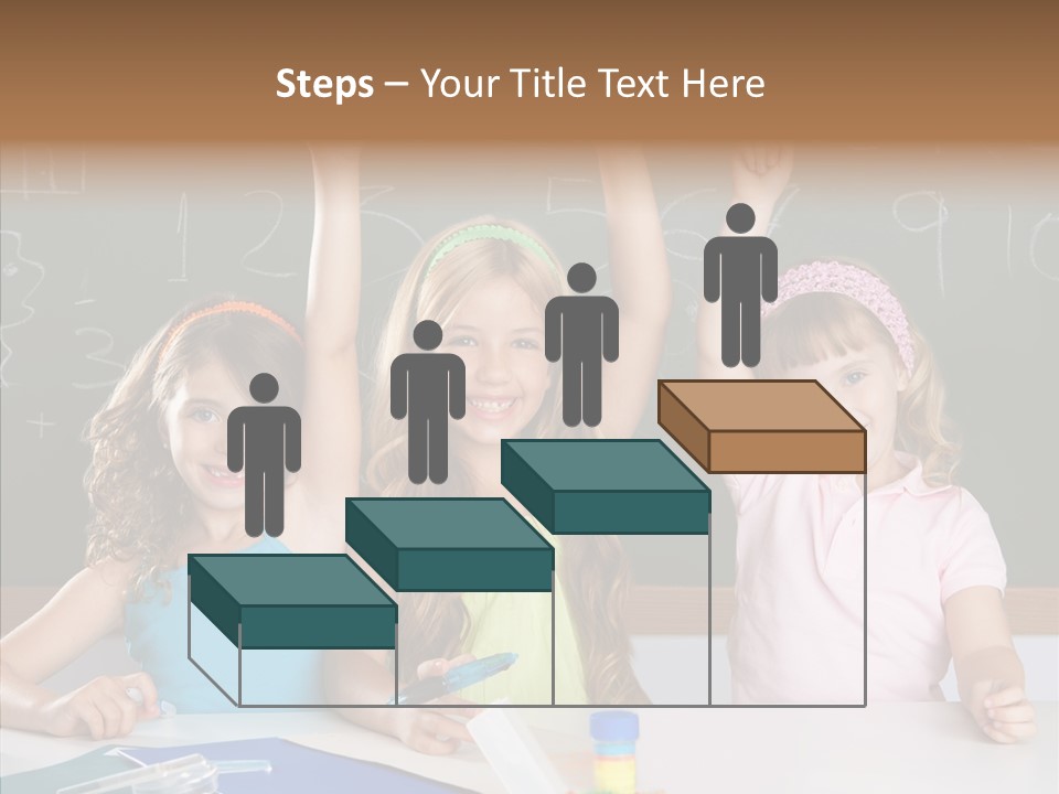 Smart Group Of Student Kids At School Classroom Raising Hand PowerPoint Template