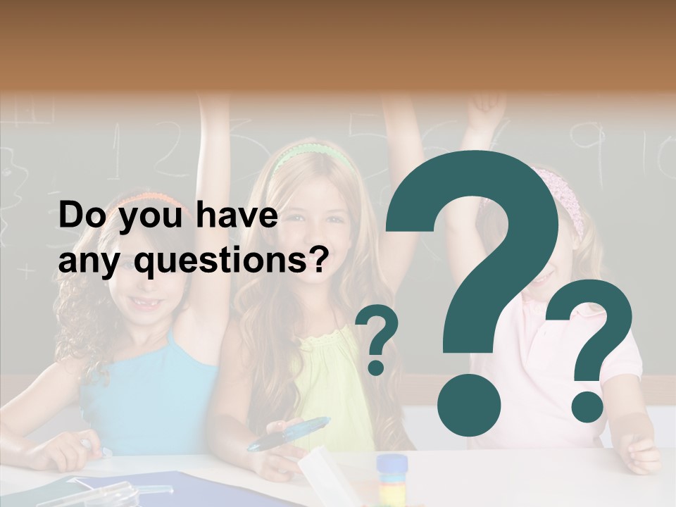 Smart Group Of Student Kids At School Classroom Raising Hand PowerPoint Template