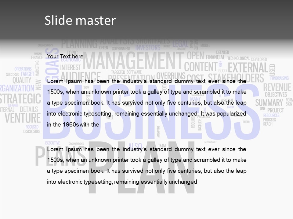 A Business Plan Is Shown In A Word Cloud PowerPoint Template
