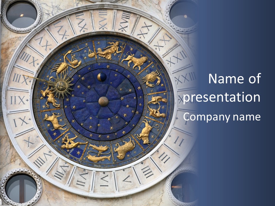 A Blue And Gold Clock With Zodiac Signs On It PowerPoint Template