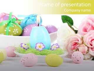 A Table Topped With Lots Of Eggs And Flowers PowerPoint Template