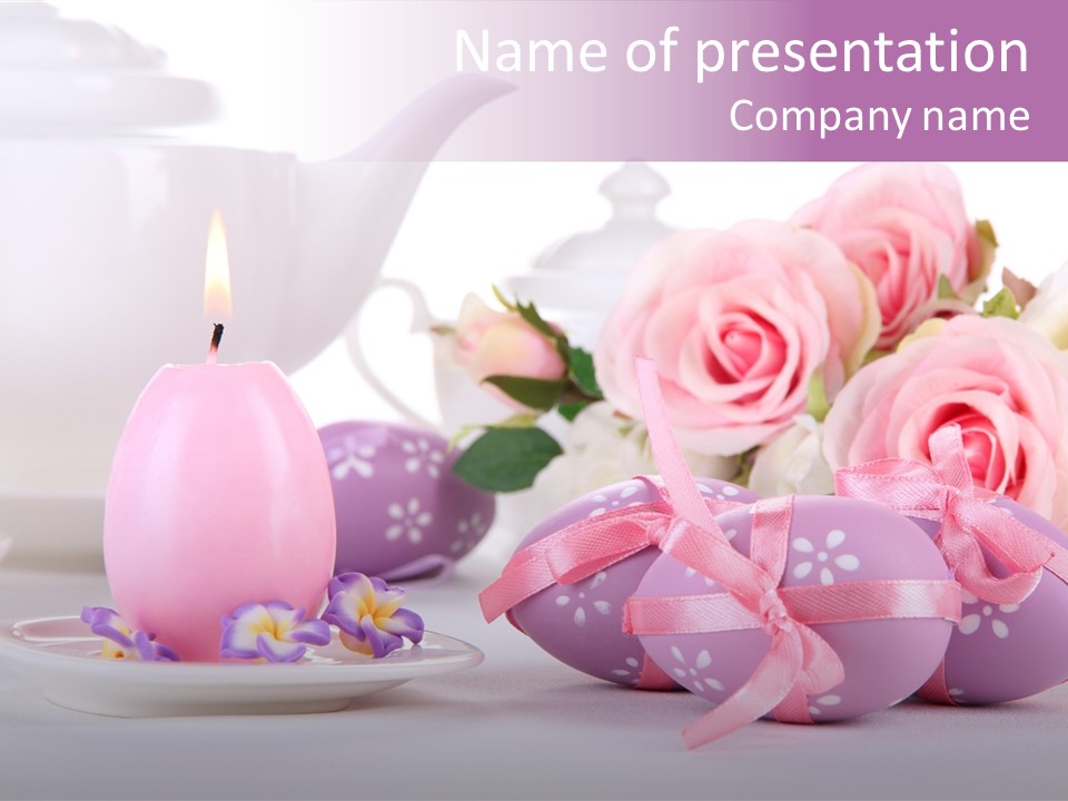 A Tea Pot And Some Pink Roses And Eggs PowerPoint Template