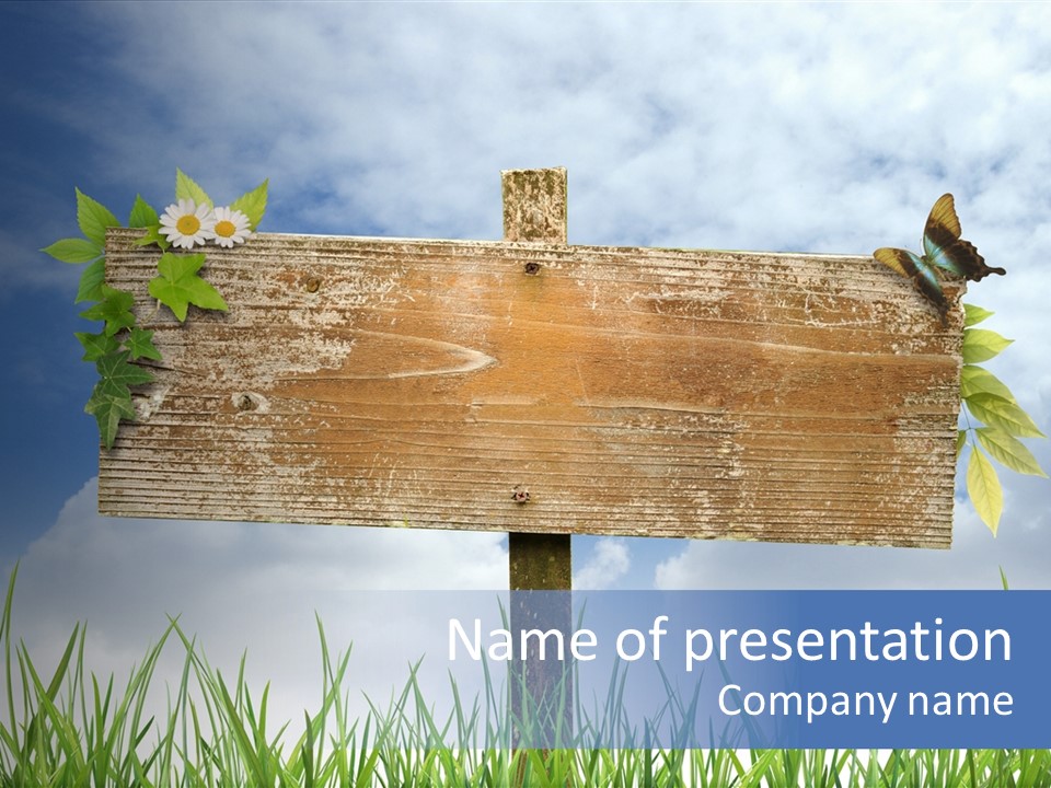 A Wooden Sign Sitting In The Grass With A Sky Background PowerPoint Template