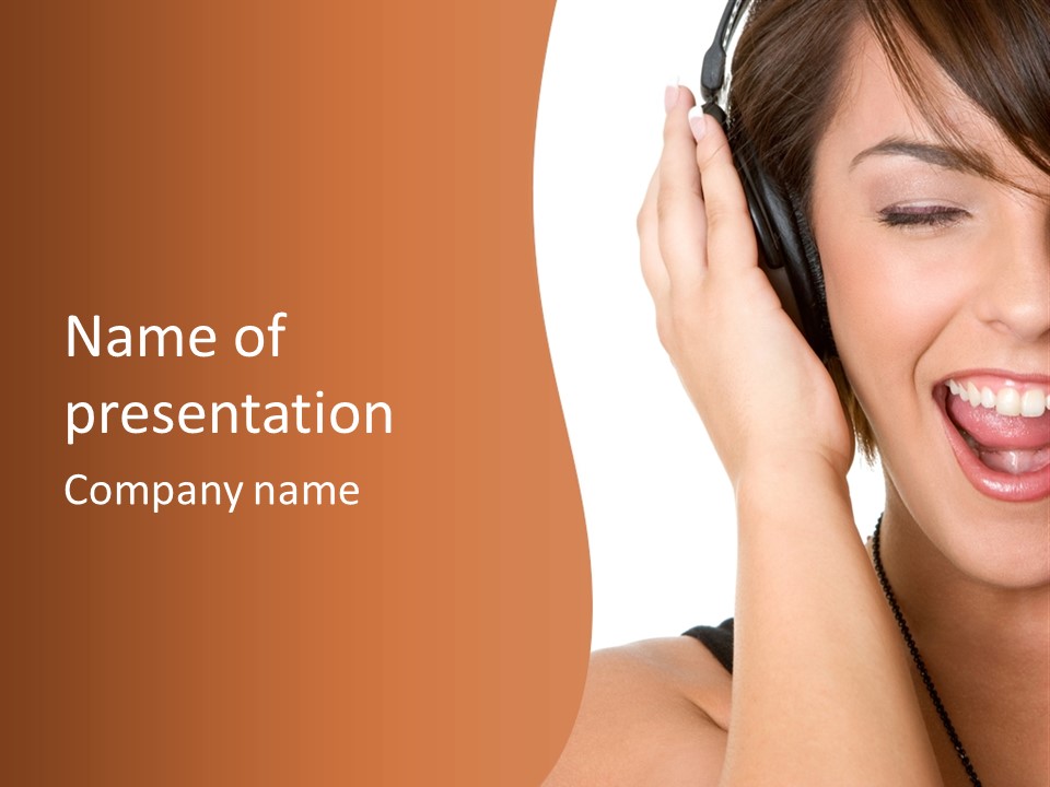 A Woman Listening To Headphones With A Smile On Her Face PowerPoint Template