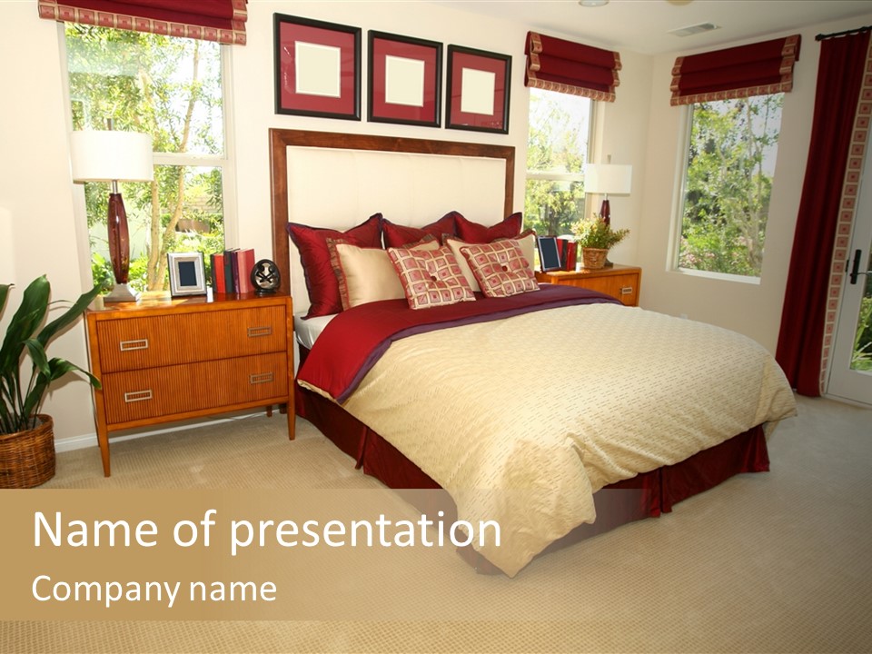 A Bed Room With A Neatly Made Bed And A Plant PowerPoint Template
