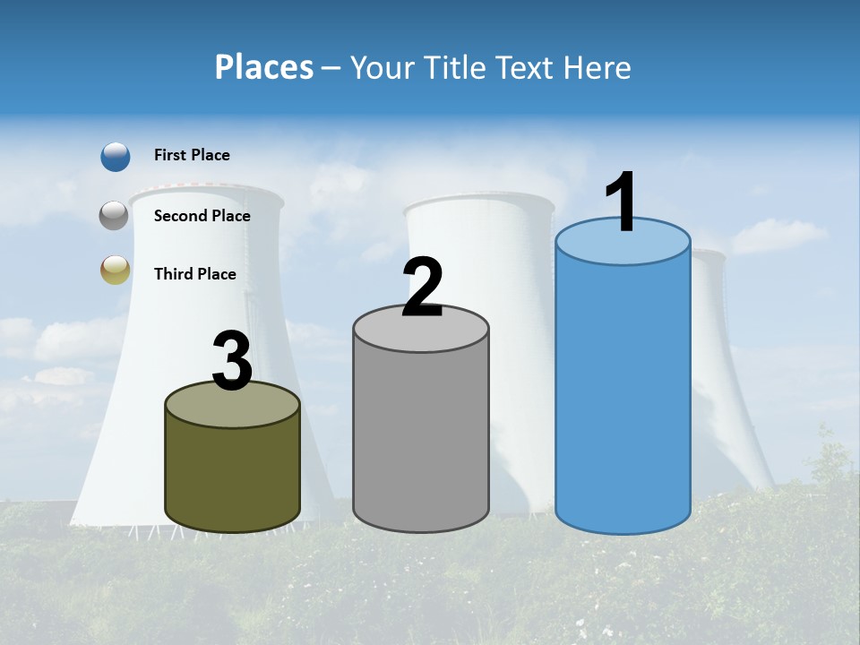 Three Cooling Towers In A Field With A Blue Sky In The Background PowerPoint Template