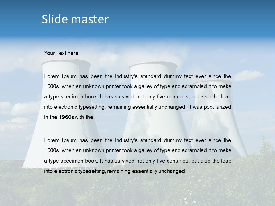 Three Cooling Towers In A Field With A Blue Sky In The Background PowerPoint Template