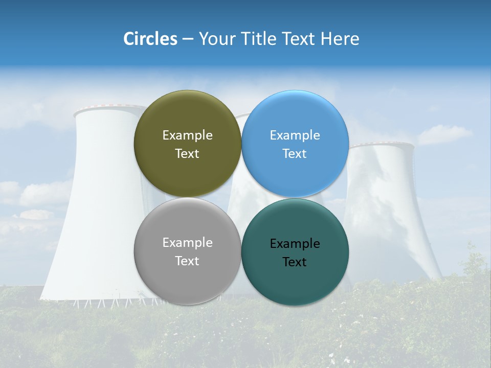 Three Cooling Towers In A Field With A Blue Sky In The Background PowerPoint Template