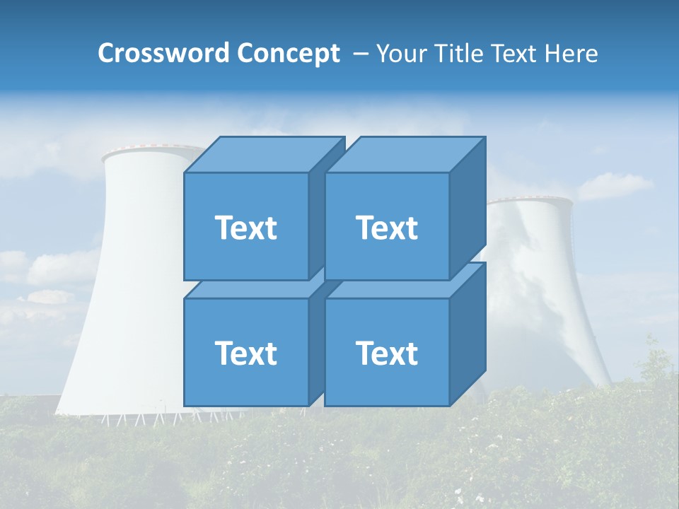 Three Cooling Towers In A Field With A Blue Sky In The Background PowerPoint Template