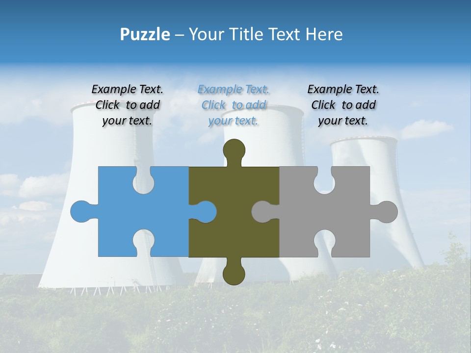 Three Cooling Towers In A Field With A Blue Sky In The Background PowerPoint Template