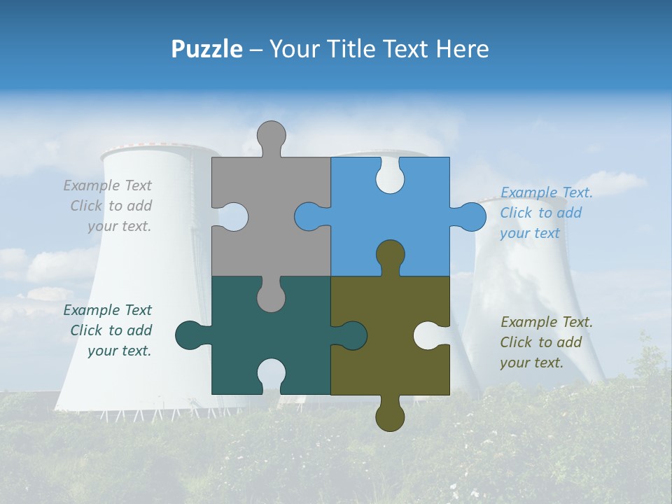 Three Cooling Towers In A Field With A Blue Sky In The Background PowerPoint Template