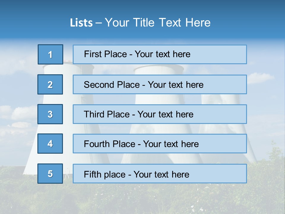 Three Cooling Towers In A Field With A Blue Sky In The Background PowerPoint Template