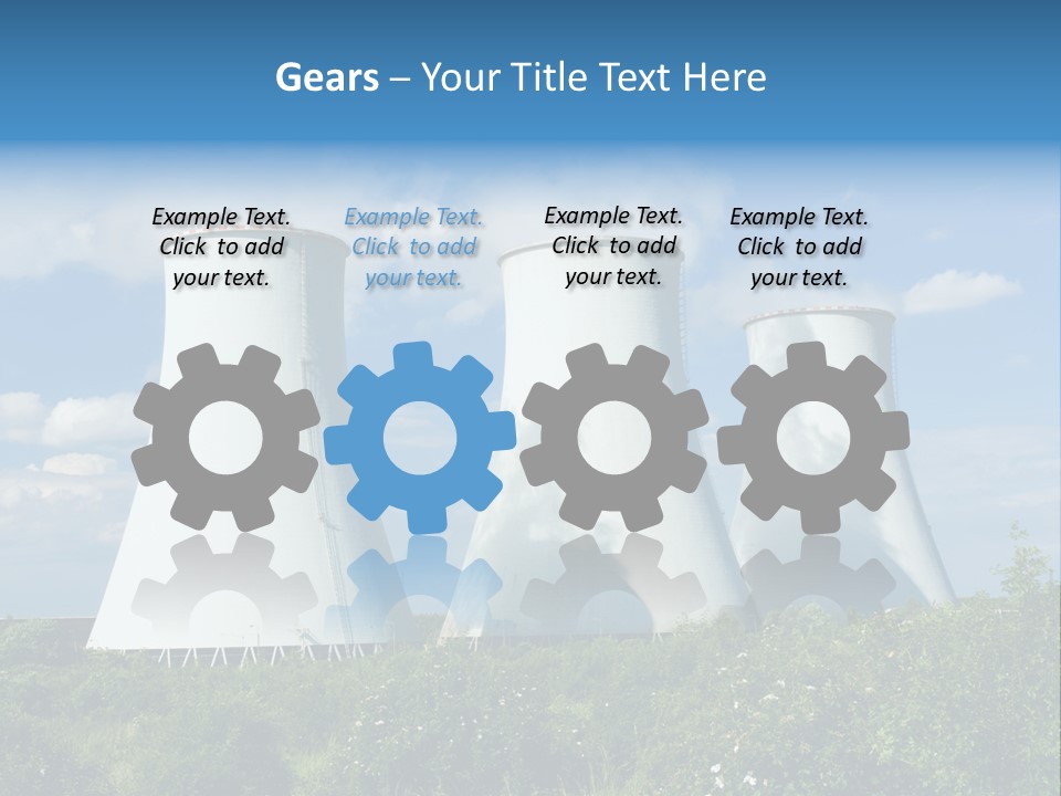 Three Cooling Towers In A Field With A Blue Sky In The Background PowerPoint Template