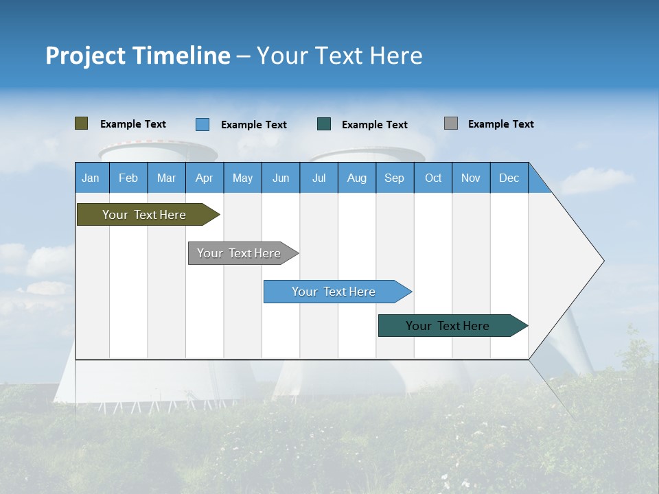 Three Cooling Towers In A Field With A Blue Sky In The Background PowerPoint Template