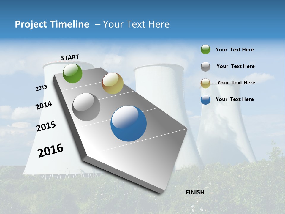 Three Cooling Towers In A Field With A Blue Sky In The Background PowerPoint Template