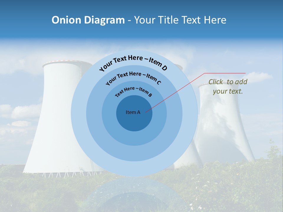 Three Cooling Towers In A Field With A Blue Sky In The Background PowerPoint Template