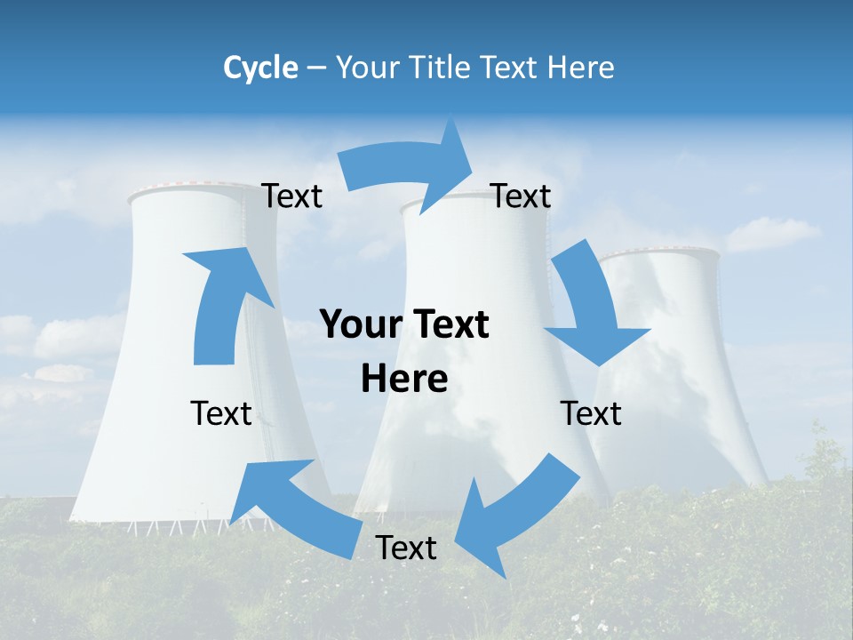 Three Cooling Towers In A Field With A Blue Sky In The Background PowerPoint Template