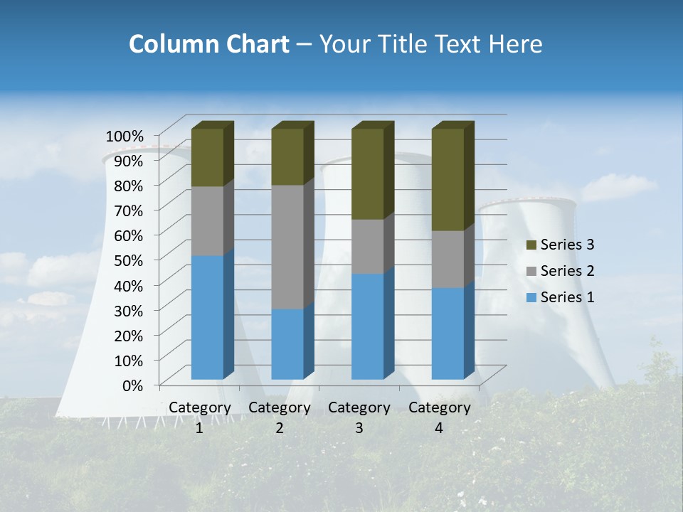 Three Cooling Towers In A Field With A Blue Sky In The Background PowerPoint Template