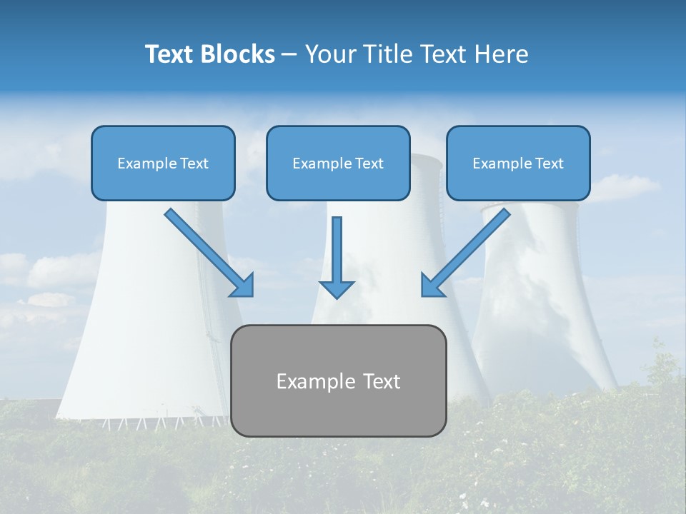 Three Cooling Towers In A Field With A Blue Sky In The Background PowerPoint Template