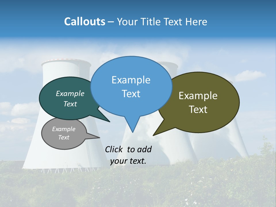 Three Cooling Towers In A Field With A Blue Sky In The Background PowerPoint Template