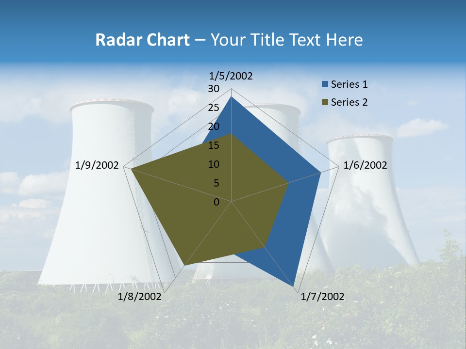 Three Cooling Towers In A Field With A Blue Sky In The Background PowerPoint Template