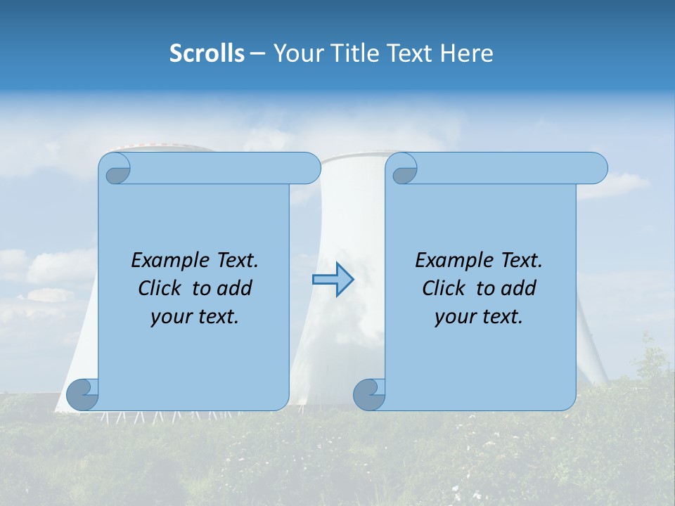 Three Cooling Towers In A Field With A Blue Sky In The Background PowerPoint Template