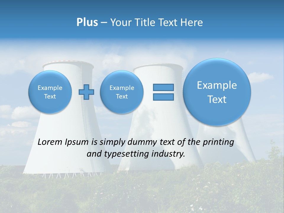 Three Cooling Towers In A Field With A Blue Sky In The Background PowerPoint Template