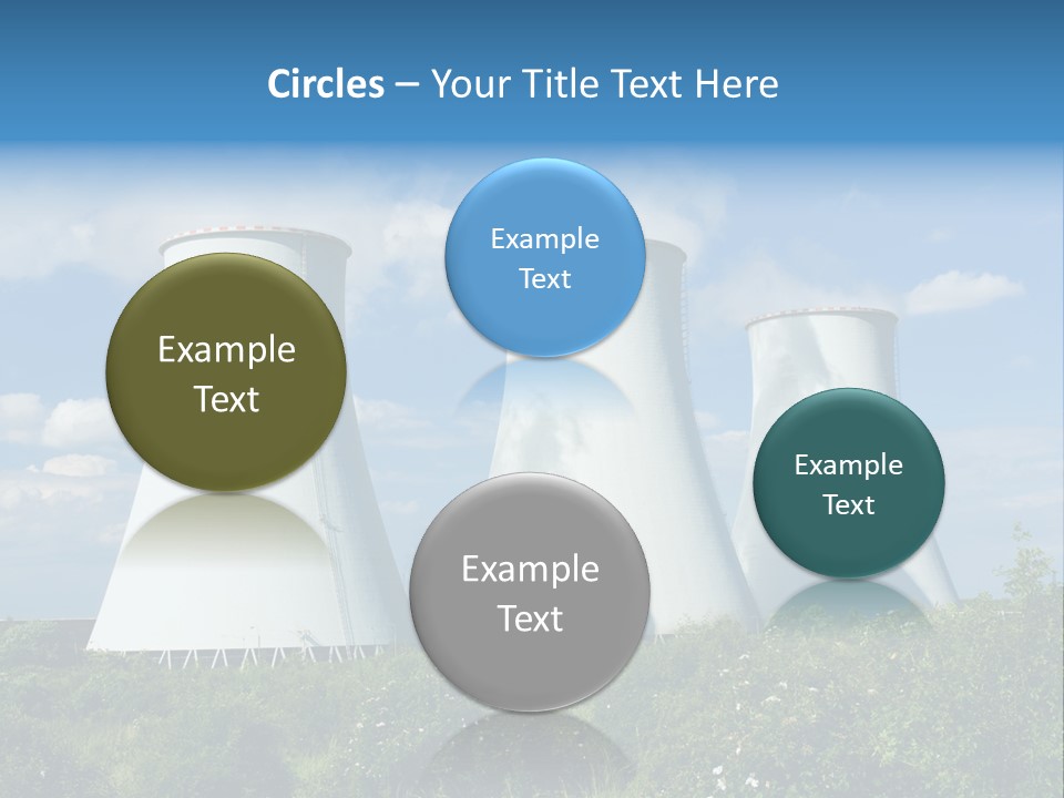 Three Cooling Towers In A Field With A Blue Sky In The Background PowerPoint Template