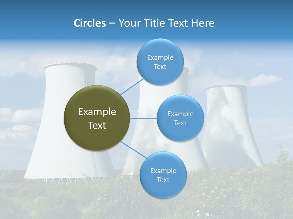 Three Cooling Towers In A Field With A Blue Sky In The Background PowerPoint Template