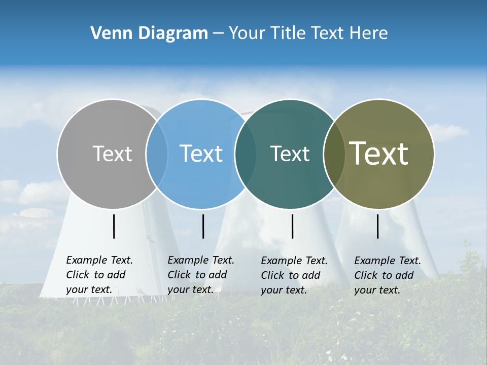 Three Cooling Towers In A Field With A Blue Sky In The Background PowerPoint Template