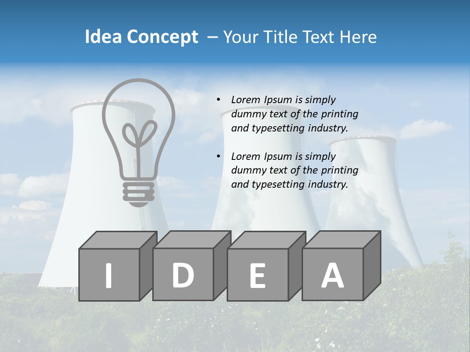 Three Cooling Towers In A Field With A Blue Sky In The Background PowerPoint Template